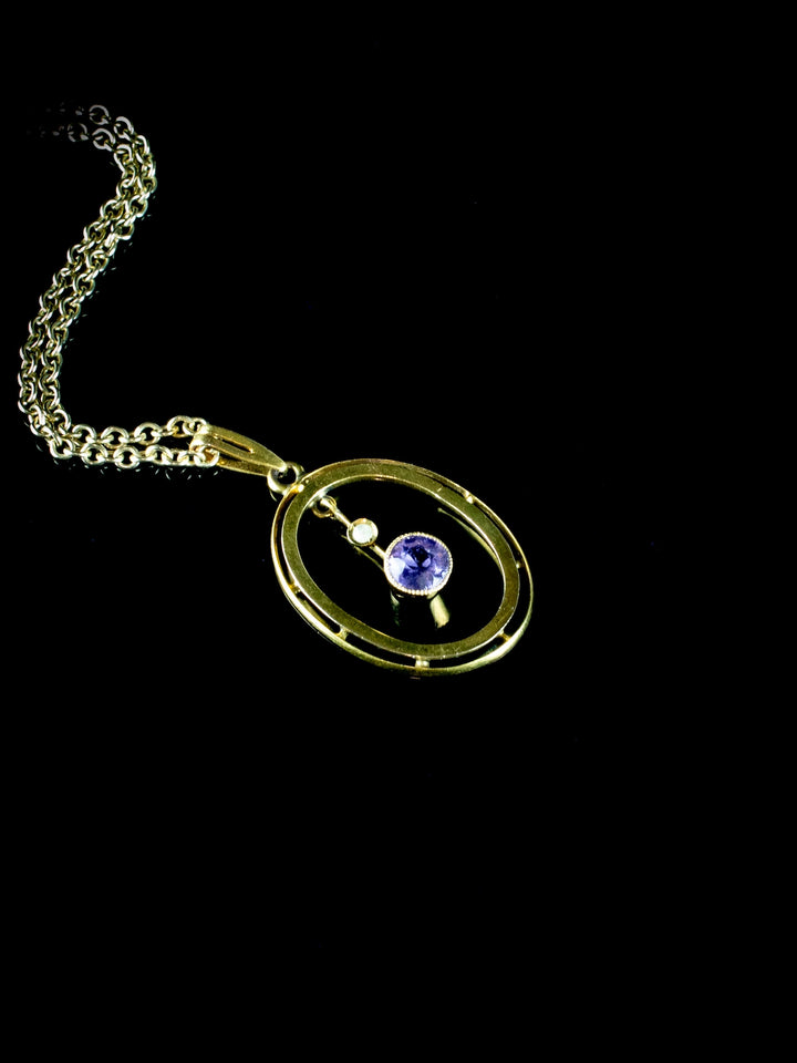 Antique Edwardian 9ct Gold Amethyst and Seed Pearl Pendant, Circa 1905