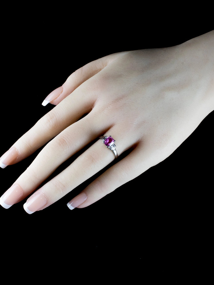 Platinum Three Stone Diamond and 1.00ct Pink Sapphire Ring