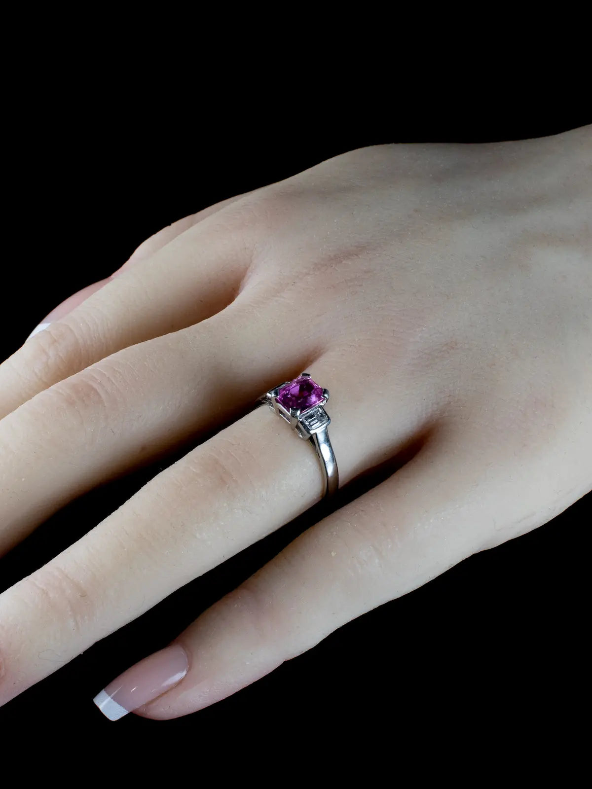 Platinum Three Stone Diamond and 1.00ct Pink Sapphire Ring