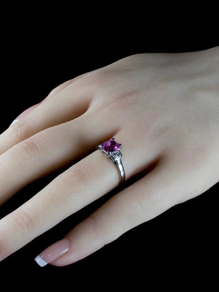 Platinum Three Stone Diamond and 1.00ct Pink Sapphire Ring