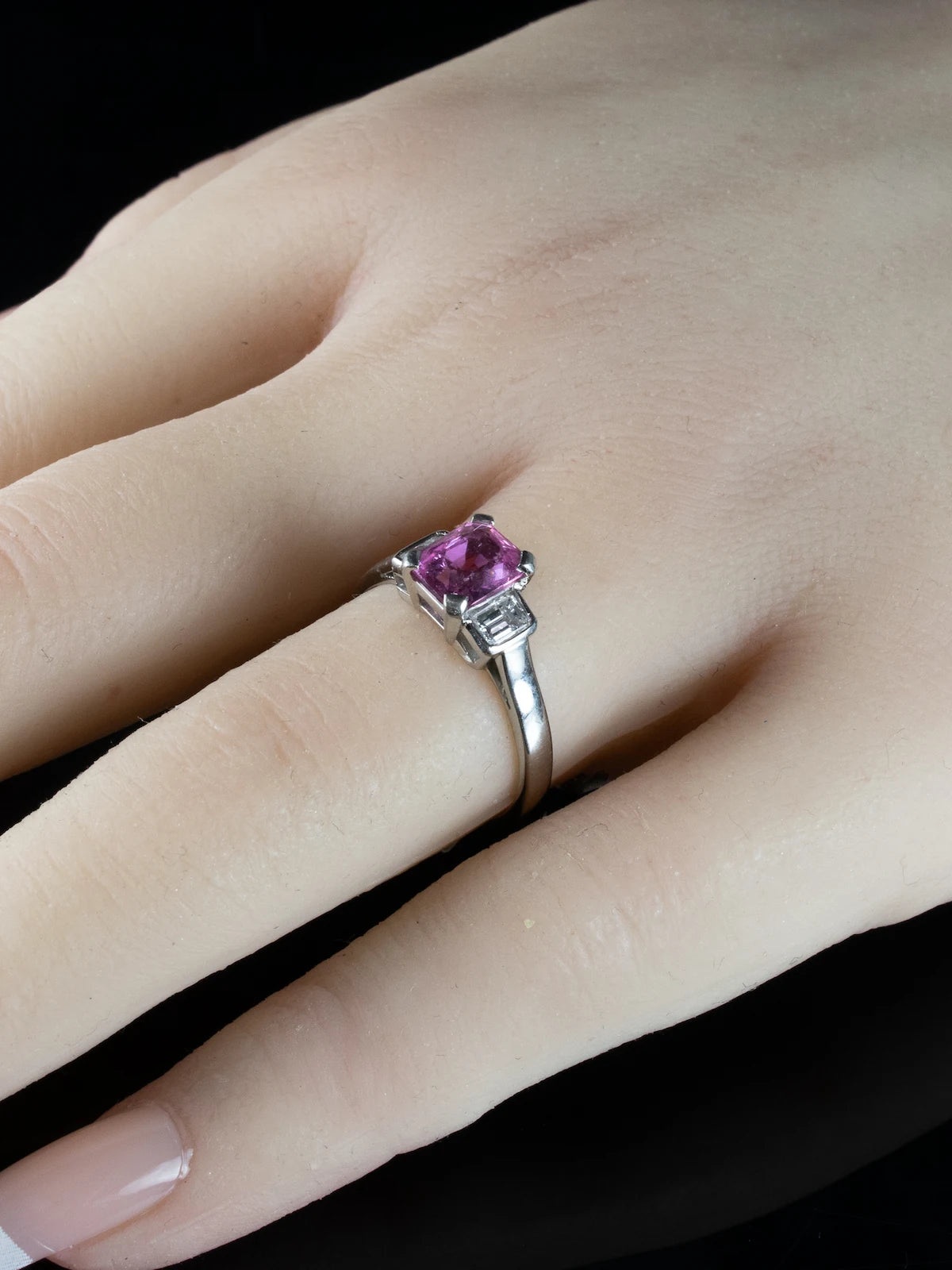 Platinum Three Stone Diamond and 1.00ct Pink Sapphire Ring