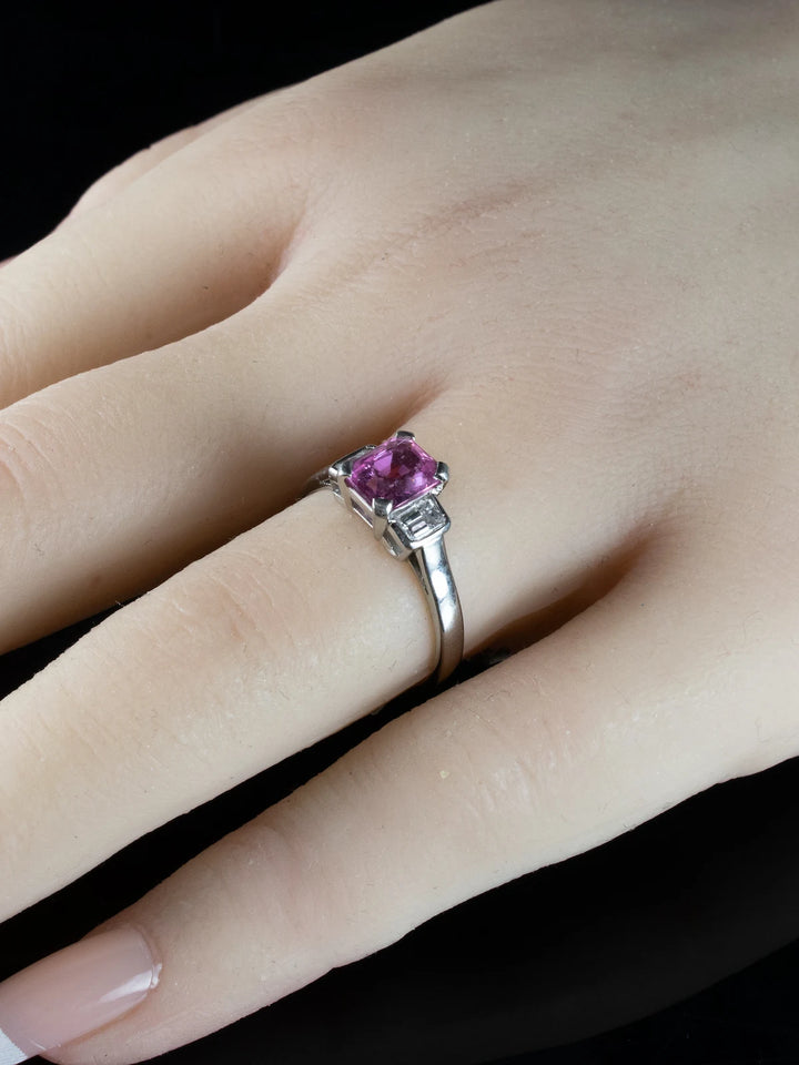 Platinum Three Stone Diamond and 1.00ct Pink Sapphire Ring