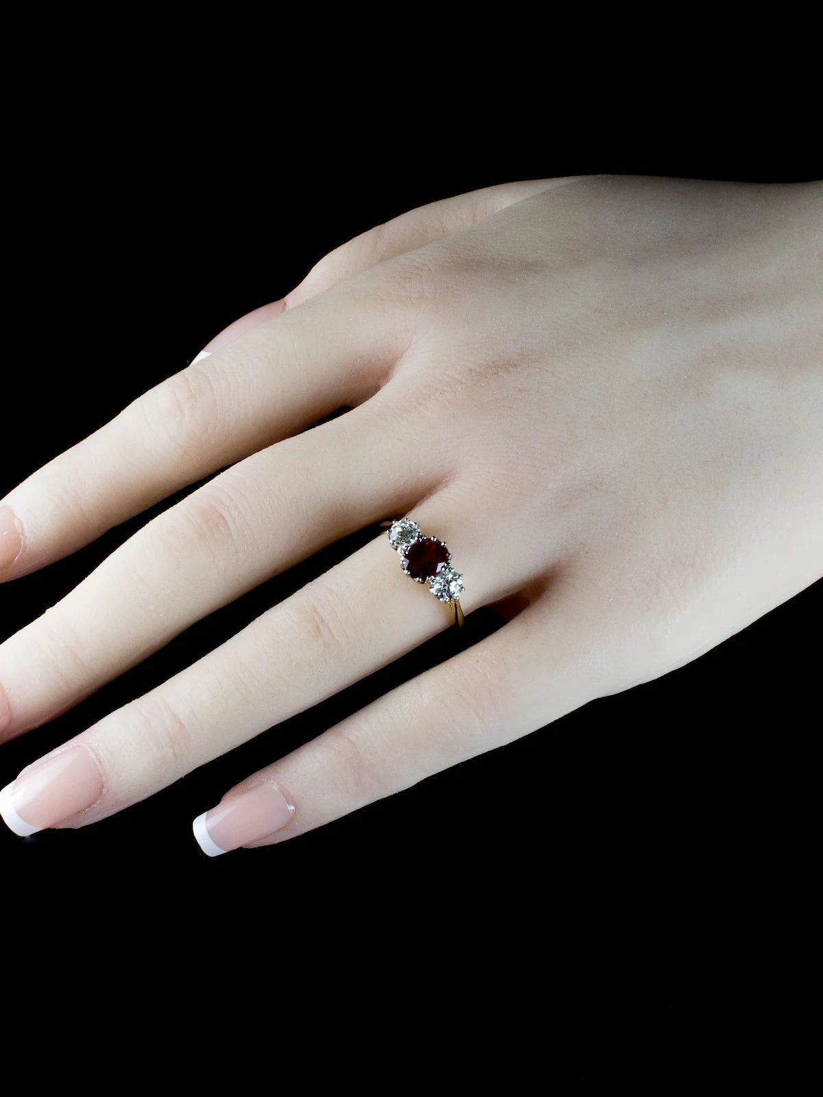 18ct Gold and Platinum Three Stone Old European Cut Diamond and 1.32ct Ruby Ring