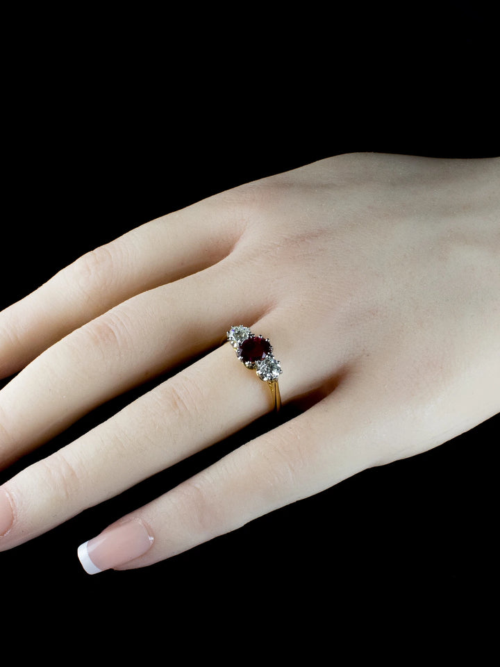 18ct Gold and Platinum Three Stone Old European Cut Diamond and 1.32ct Ruby Ring