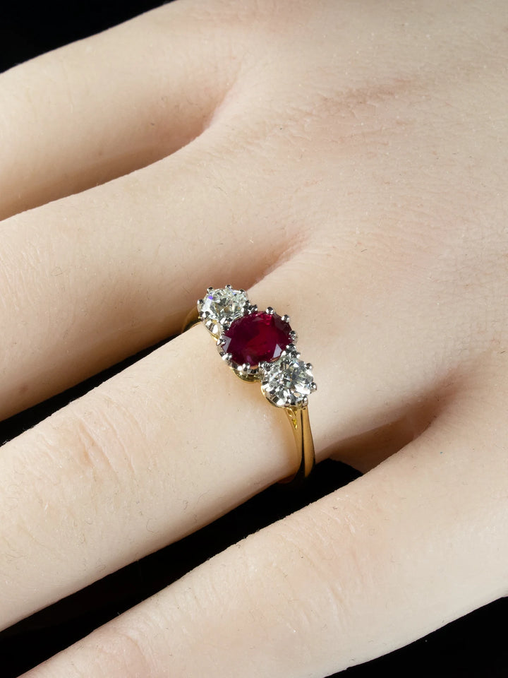 18ct Gold and Platinum Three Stone Old European Cut Diamond and 1.32ct Ruby Ring