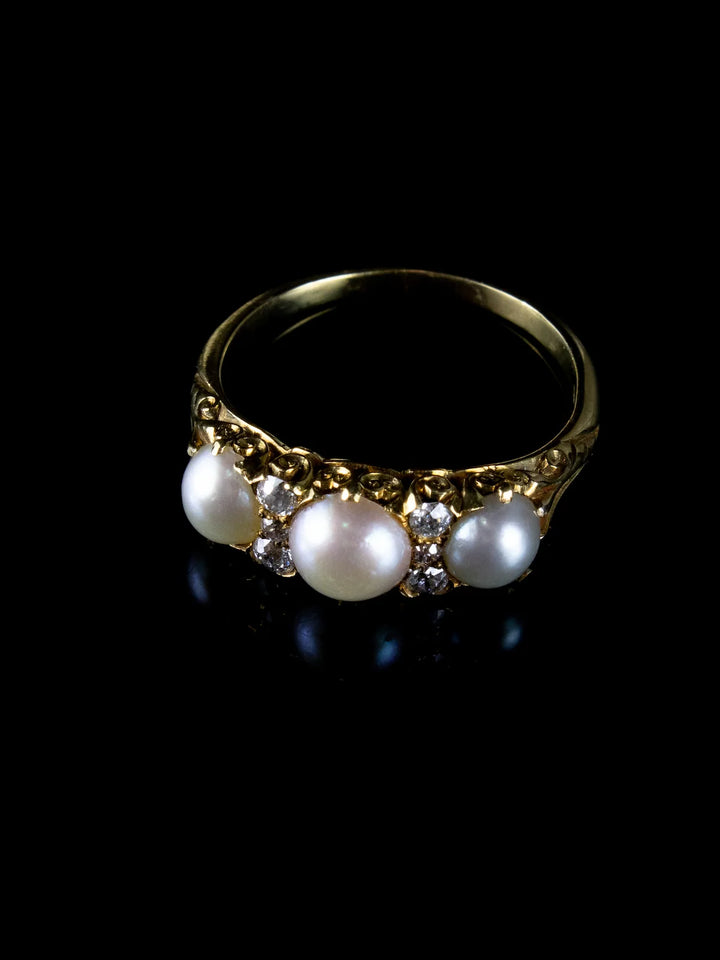 Antique Victorian 18ct Gold Pearl and Diamond Three Stone Ring, Circa 1880