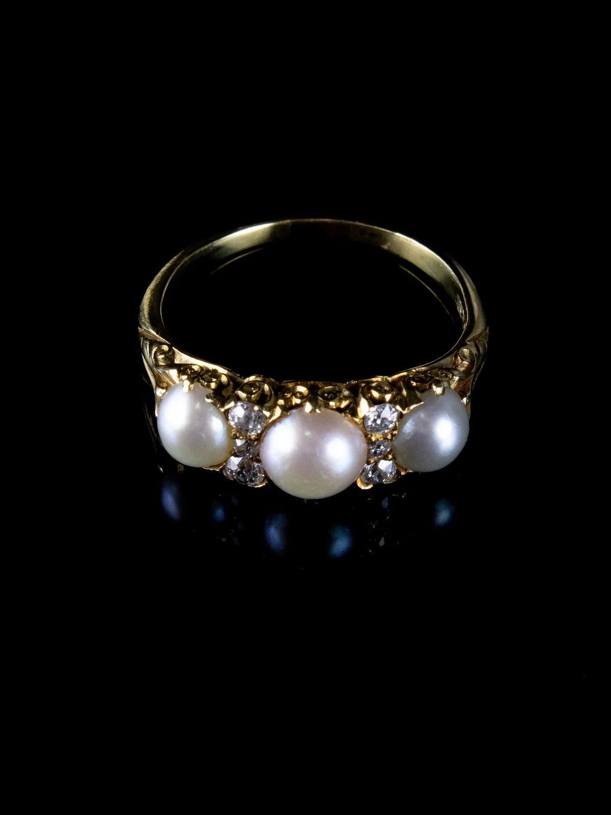 Antique Victorian 18ct Gold Pearl and Diamond Three Stone Ring, Circa 1880