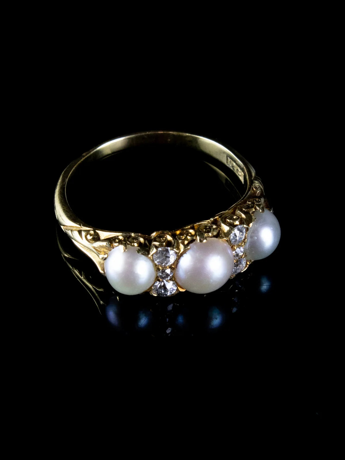 Antique Victorian 18ct Gold Pearl and Diamond Three Stone Ring, Circa 1880