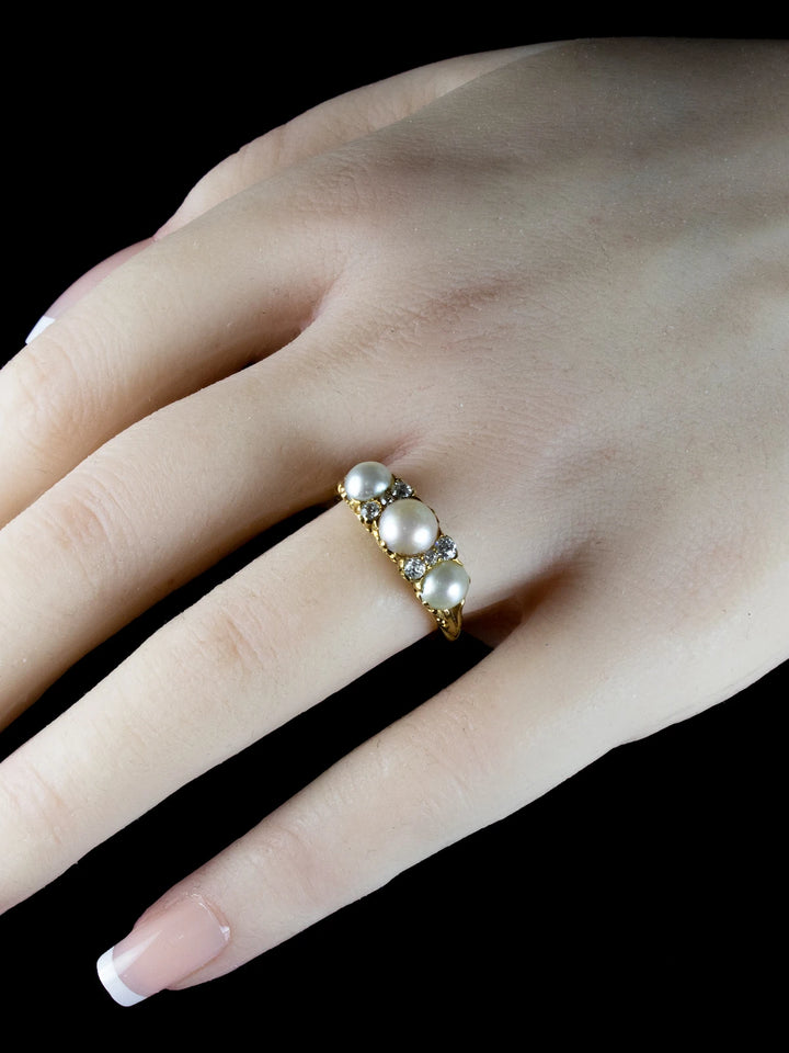 Antique Victorian 18ct Gold Pearl and Diamond Three Stone Ring, Circa 1880