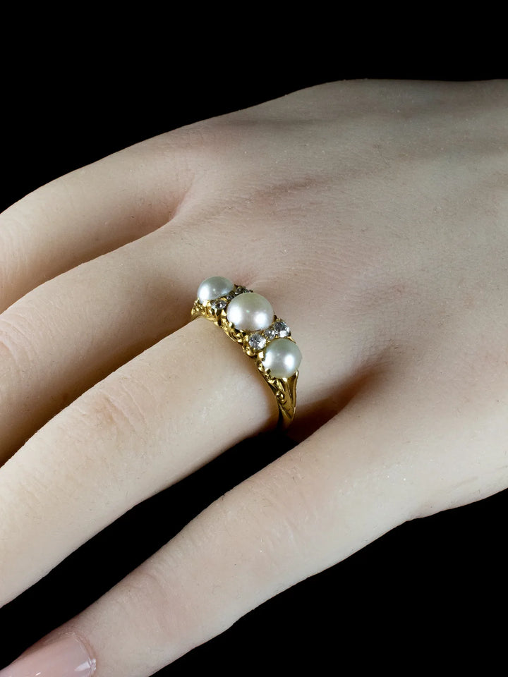 Antique Victorian 18ct Gold Pearl and Diamond Three Stone Ring, Circa 1880
