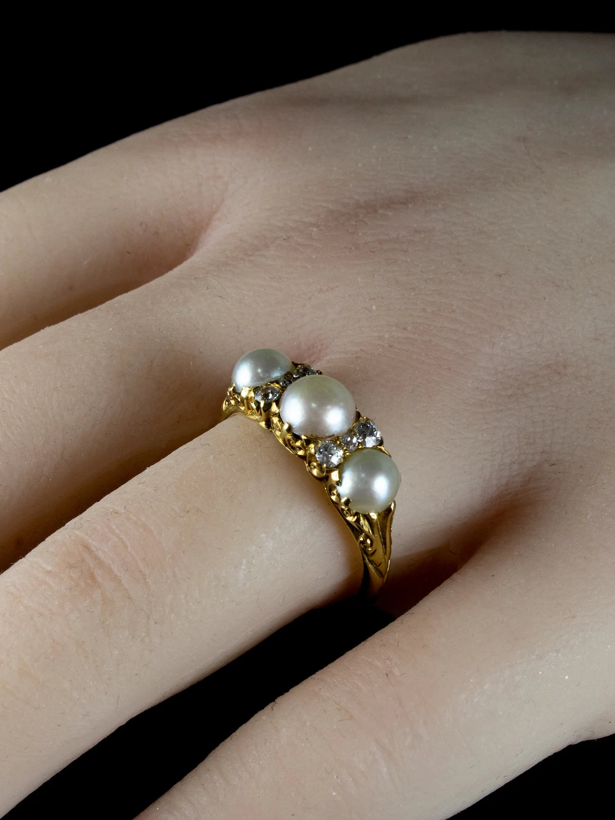 Antique Victorian 18ct Gold Pearl and Diamond Three Stone Ring, Circa 1880