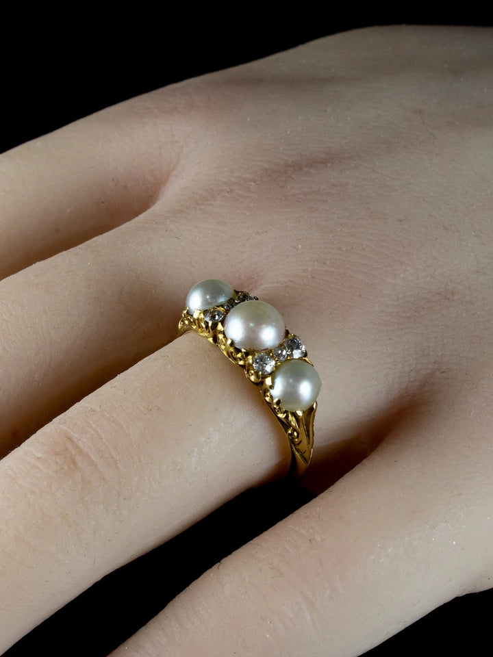 Antique Victorian 18ct Gold Pearl and Diamond Three Stone Ring, Circa 1880