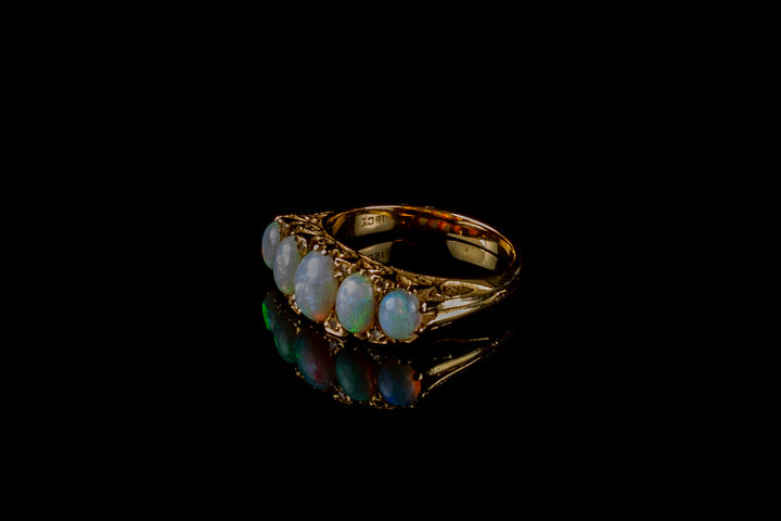 18ct Yellow Gold Five Stone Opal and Diamond Carved Ring