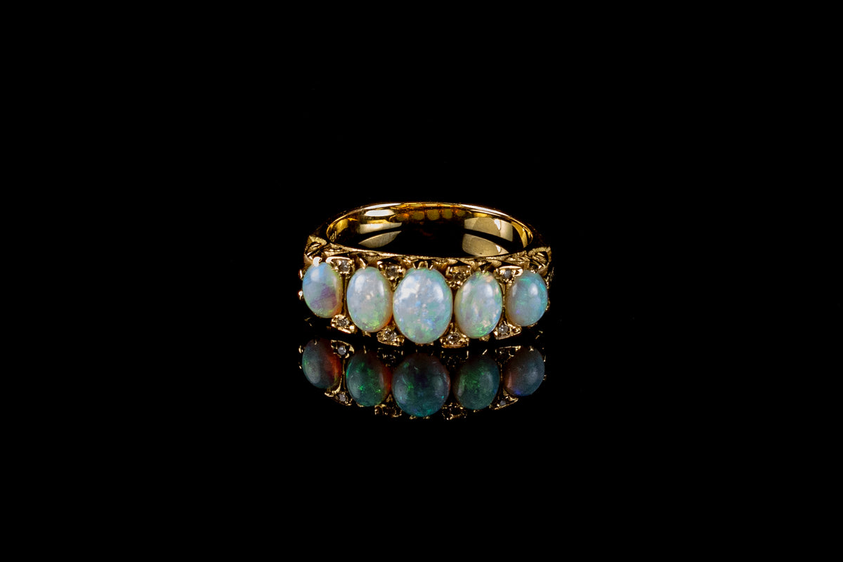 18ct Yellow Gold Five Stone Opal and Diamond Carved Ring