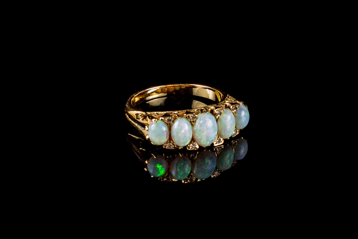 18ct Yellow Gold Five Stone Opal and Diamond Carved Ring
