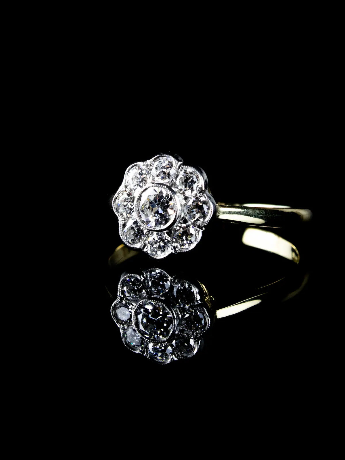 Platinum and 18ct Gold Old Cut Diamond Daisy Cluster Ring