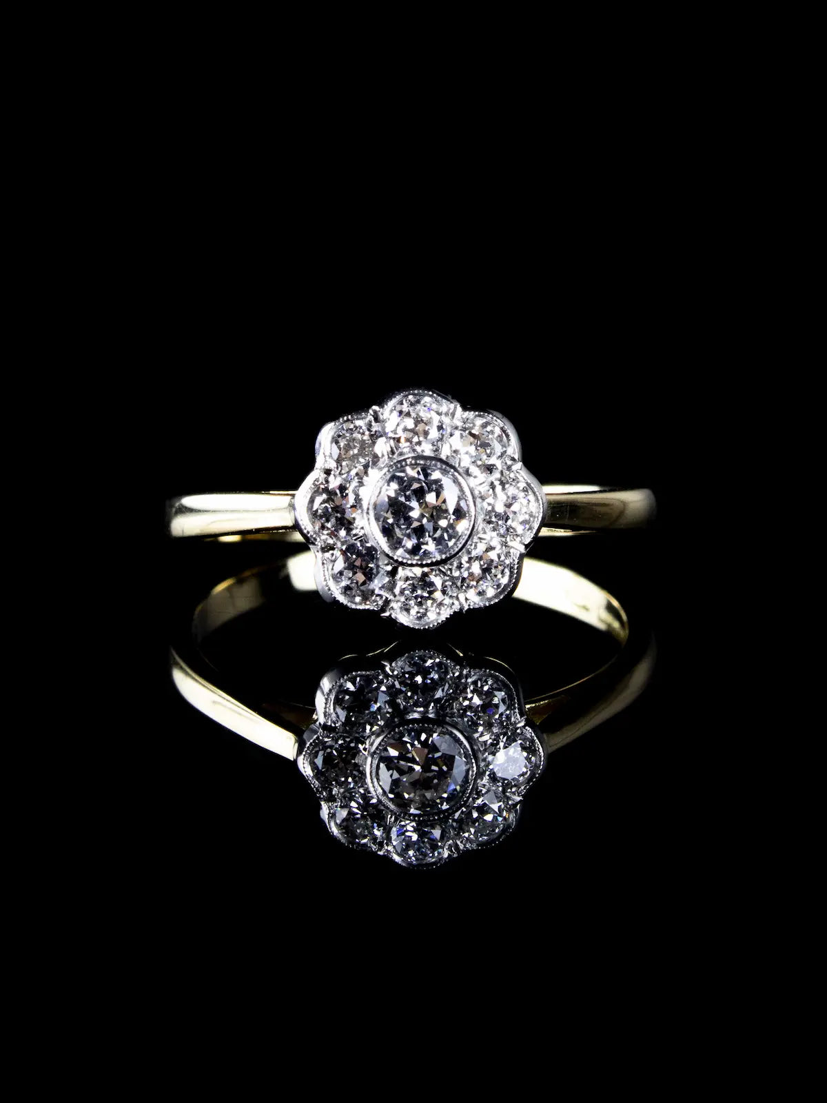 Platinum and 18ct Gold Old Cut Diamond Daisy Cluster Ring