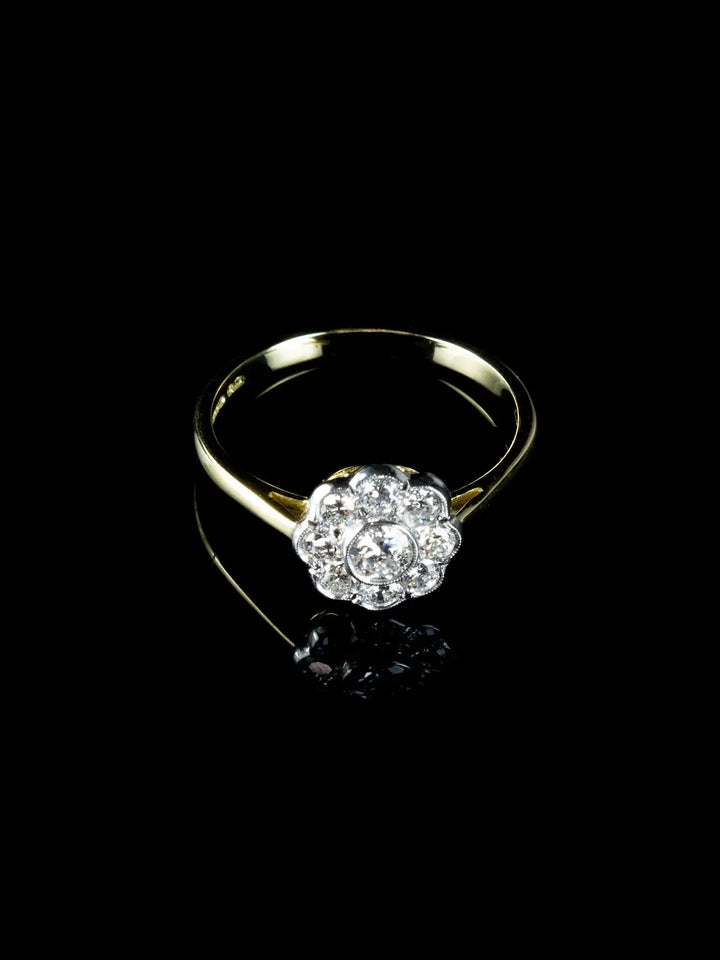 Platinum and 18ct Gold Old Cut Diamond Daisy Cluster Ring