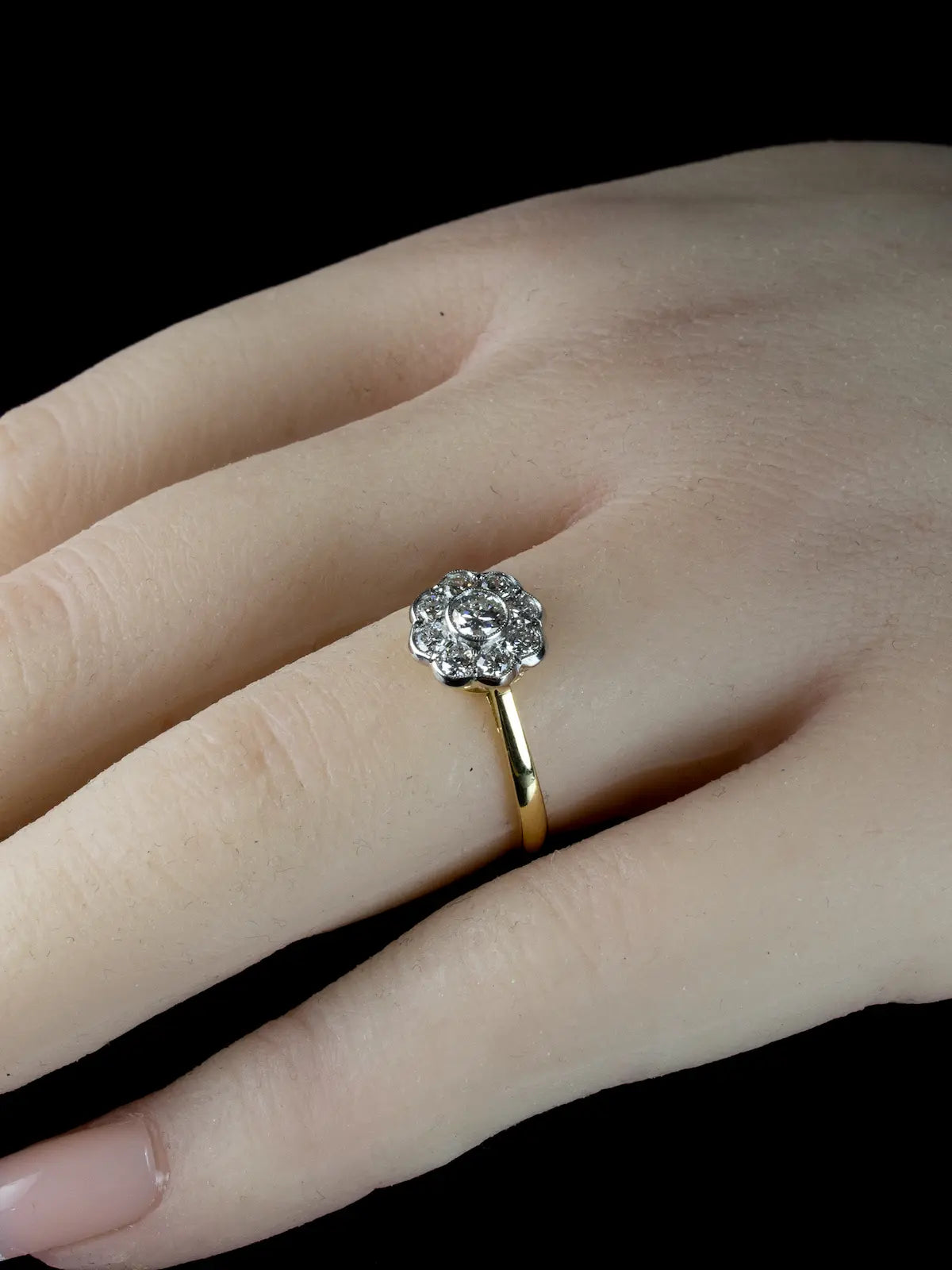 Platinum and 18ct Gold Old Cut Diamond Daisy Cluster Ring