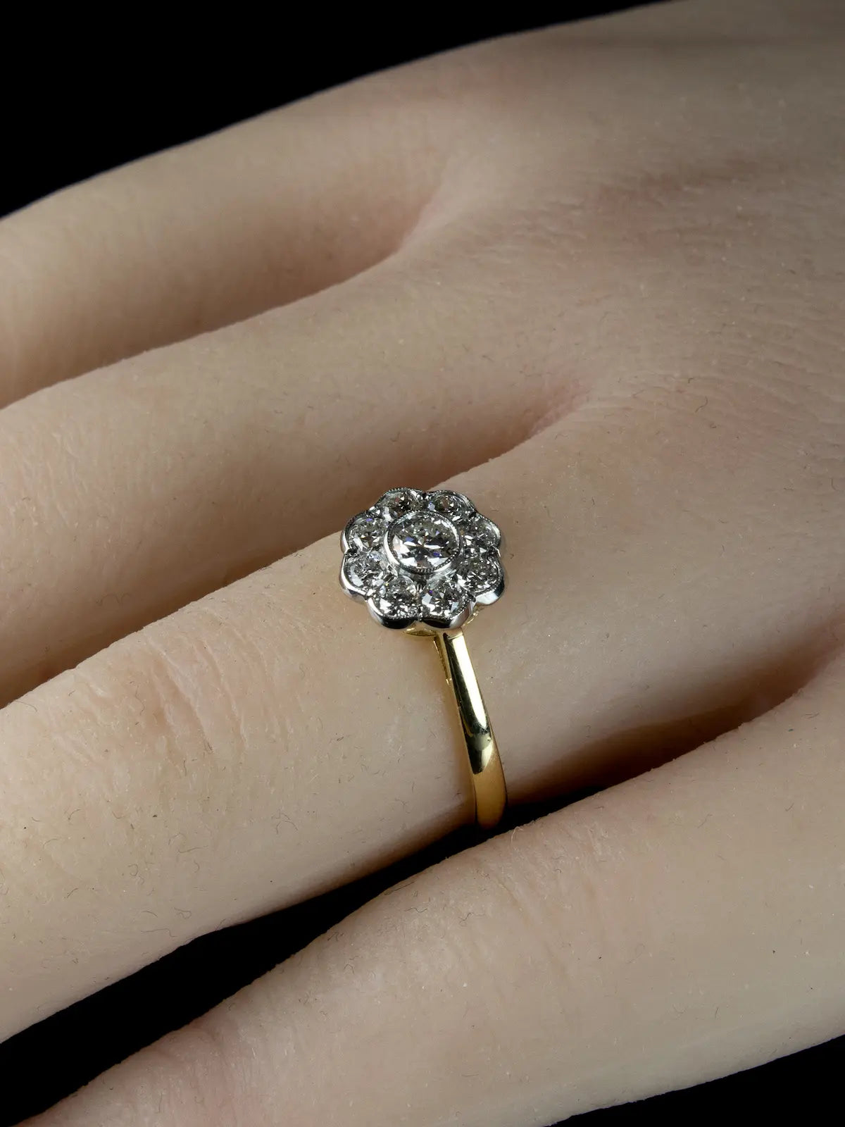 Platinum and 18ct Gold Old Cut Diamond Daisy Cluster Ring
