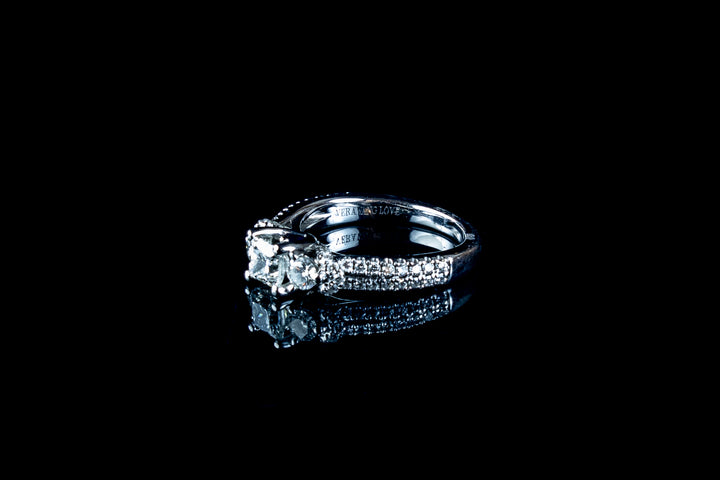 18ct Gold Vera Wang Three Stone Diamond Ring With Shoulder set Diamonds and Square Cut Sapphire