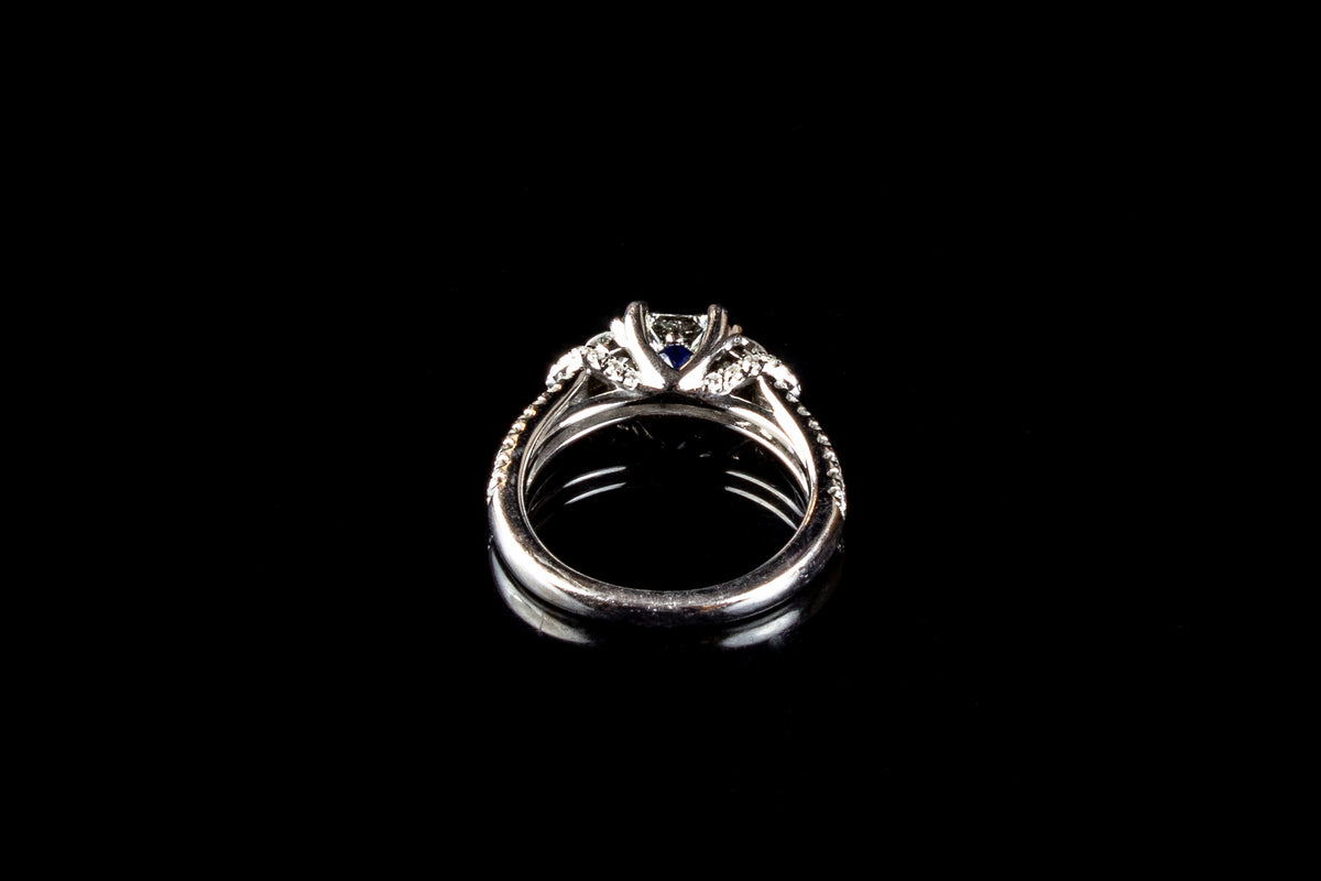 18ct Gold Vera Wang Three Stone Diamond Ring With Shoulder set Diamonds and Square Cut Sapphire