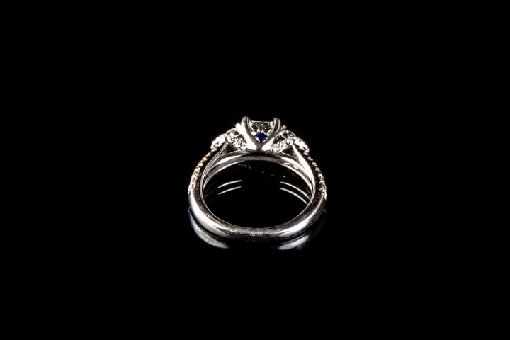 18ct Gold Vera Wang Three Stone Diamond Ring With Shoulder set Diamonds and Square Cut Sapphire