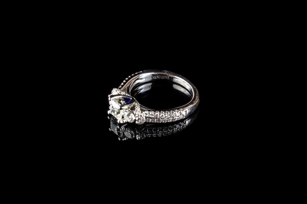 18ct Gold Vera Wang Three Stone Diamond Ring With Shoulder set Diamonds and Square Cut Sapphire