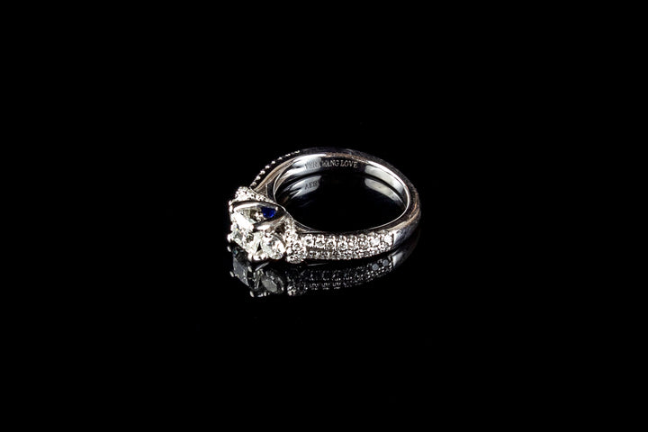 18ct Gold Vera Wang Three Stone Diamond Ring With Shoulder set Diamonds and Square Cut Sapphire