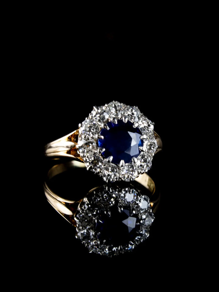 18ct Gold Old Cut Diamond and 1.50ct Sapphire Cluster Ring, Circa 1940