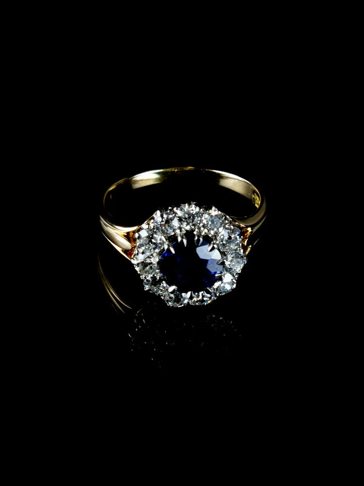 18ct Gold Old Cut Diamond and 1.50ct Sapphire Cluster Ring, Circa 1940