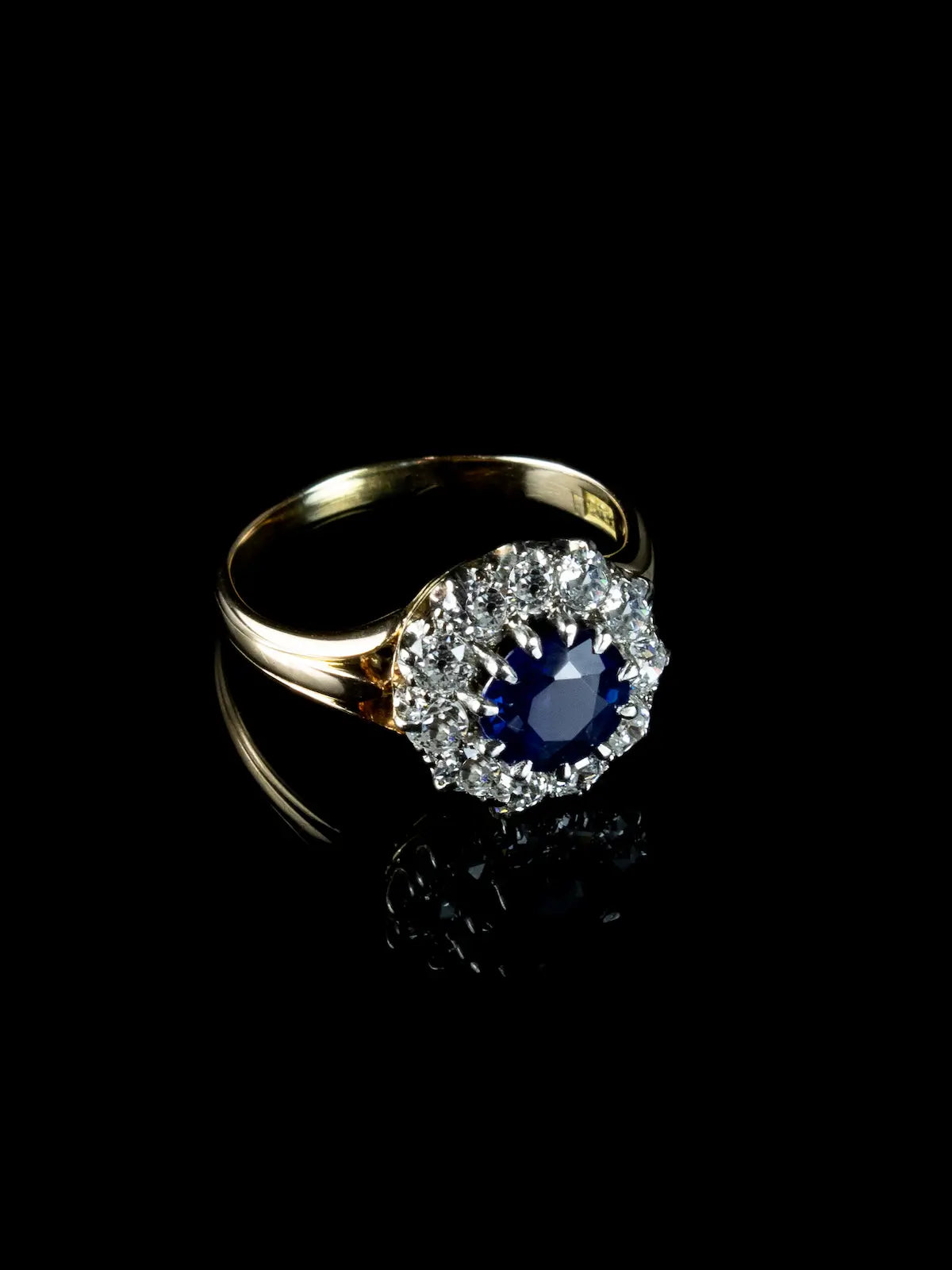 18ct Gold Old Cut Diamond and 1.50ct Sapphire Cluster Ring, Circa 1940