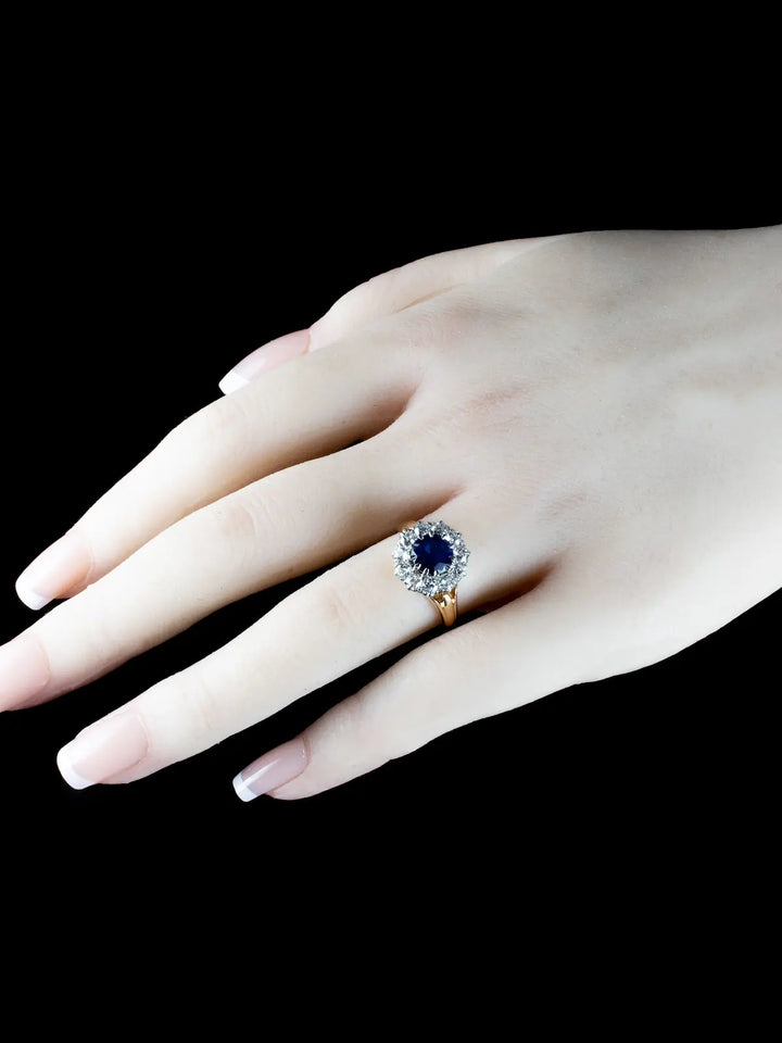 18ct Gold Old Cut Diamond and 1.50ct Sapphire Cluster Ring, Circa 1940
