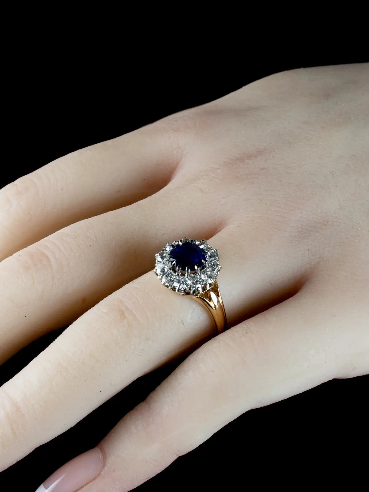 18ct Gold Old Cut Diamond and 1.50ct Sapphire Cluster Ring, Circa 1940