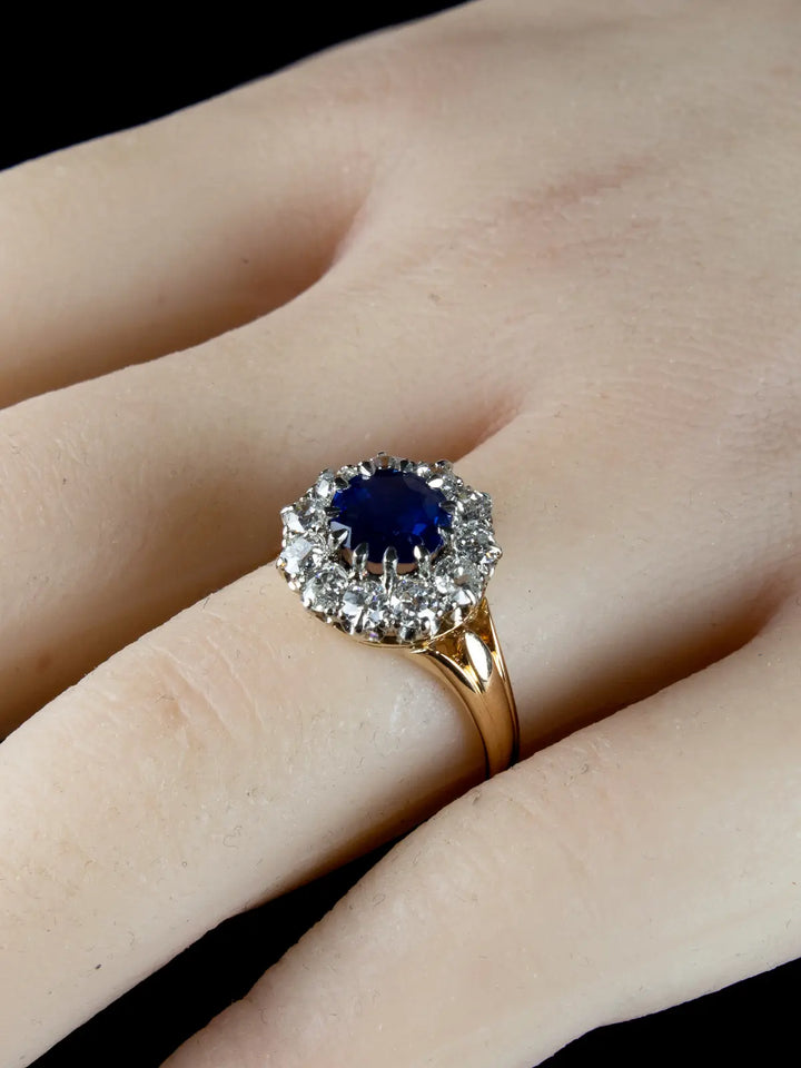 18ct Gold Old Cut Diamond and 1.50ct Sapphire Cluster Ring, Circa 1940