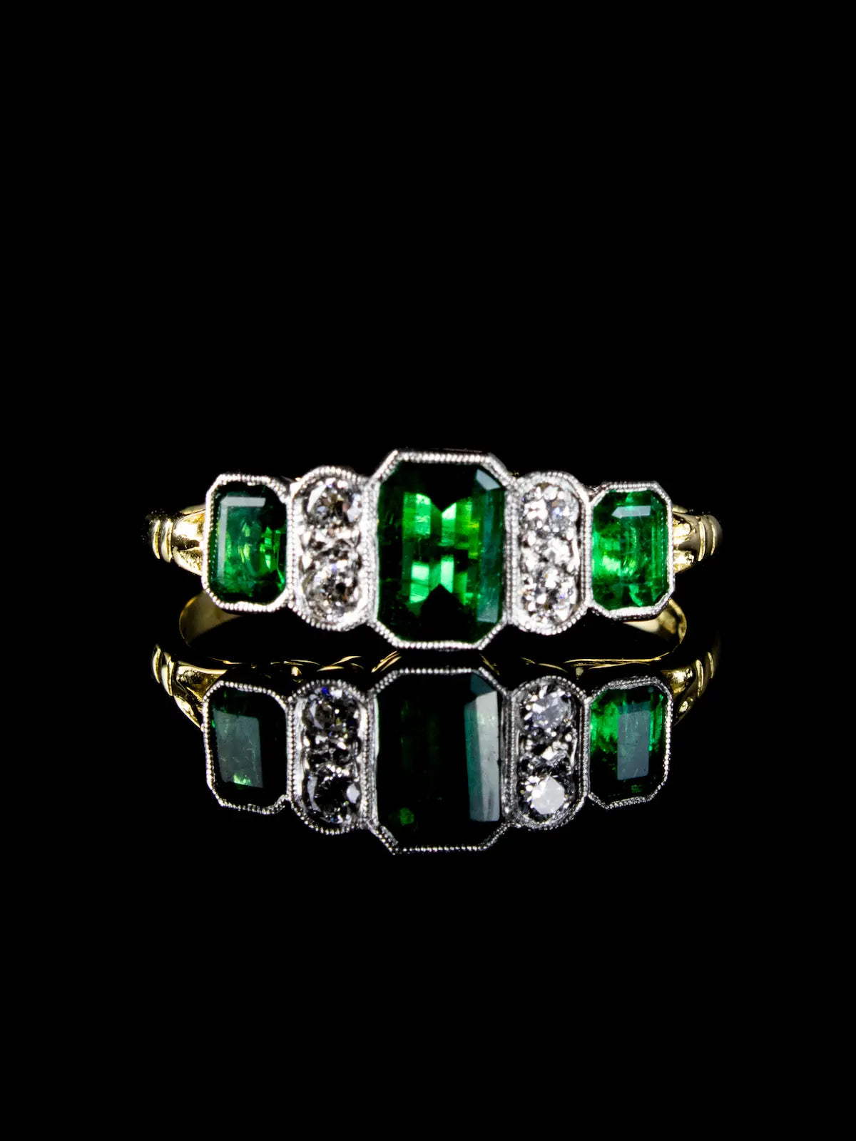 Art Deco Style 18ct Gold and Platinum Seven Stone Emerald and Old Cut Diamond Ring