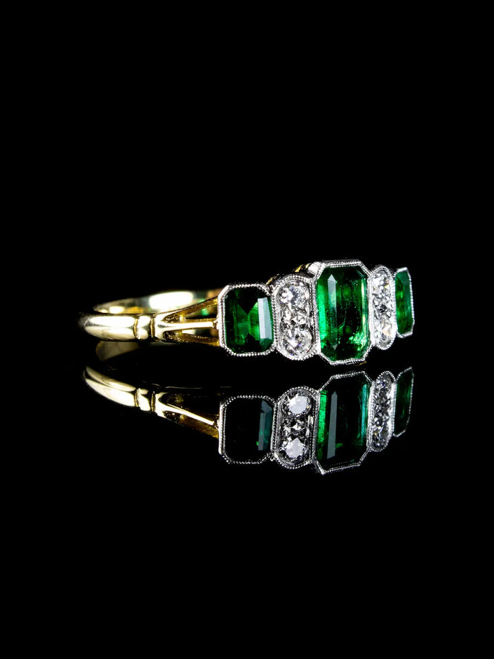 Art Deco Style 18ct Gold and Platinum Seven Stone Emerald and Old Cut Diamond Ring