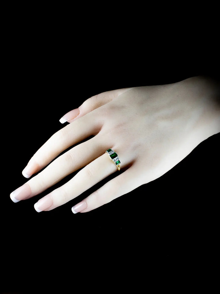 Art Deco Style 18ct Gold and Platinum Seven Stone Emerald and Old Cut Diamond Ring