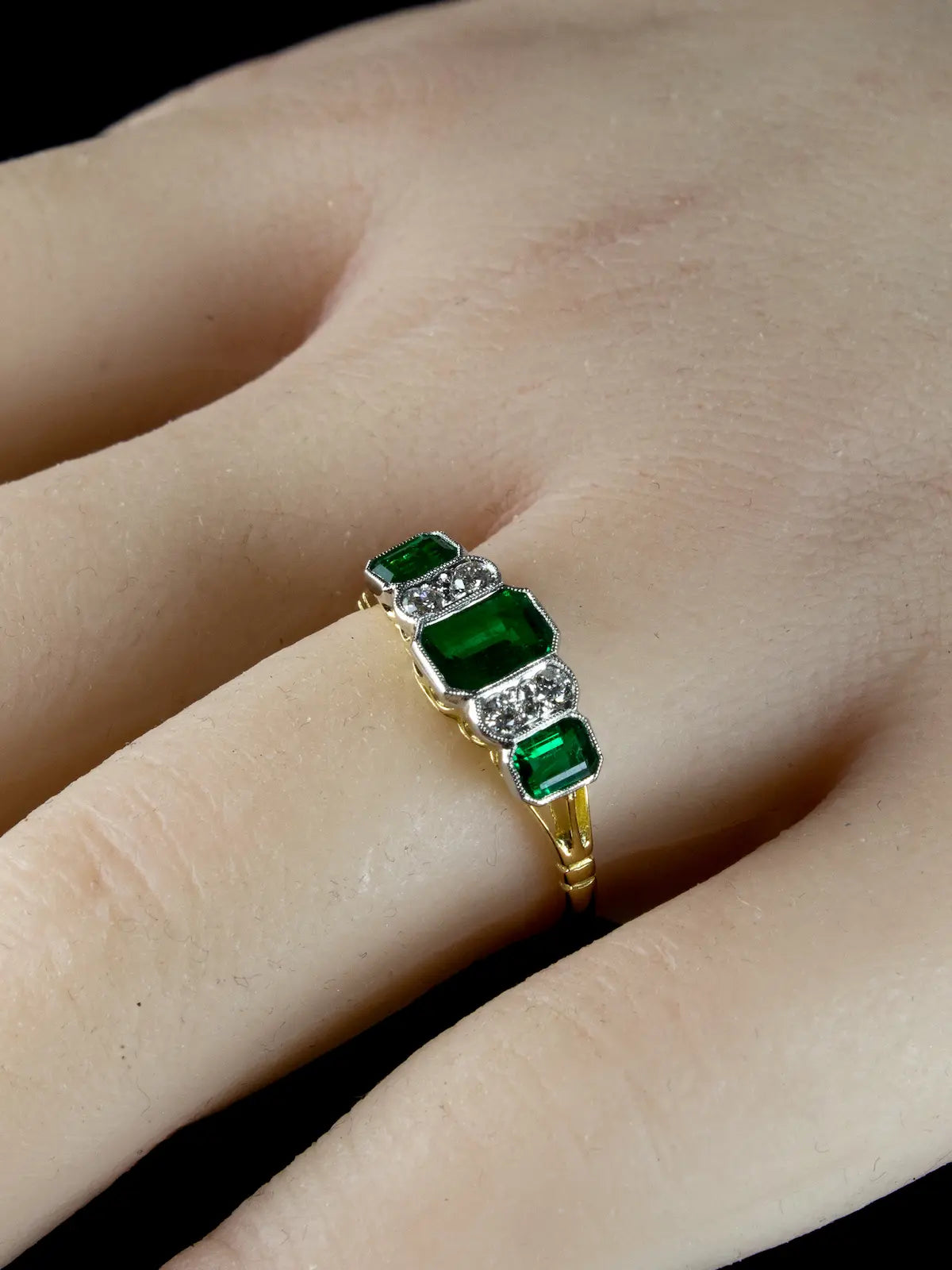 Art Deco Style 18ct Gold and Platinum Seven Stone Emerald and Old Cut Diamond Ring