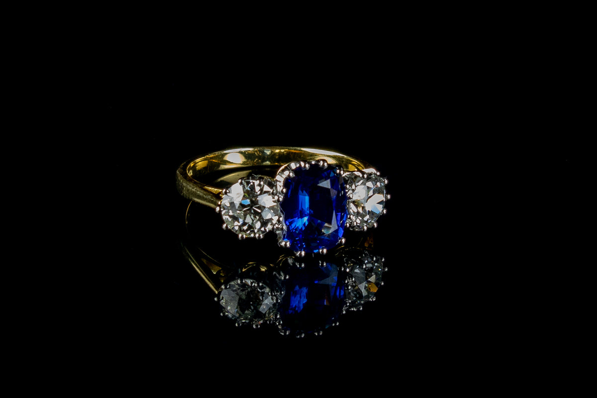 18ct Gold and Platinum Sapphire and Old Cut Diamond Three Stone Ring