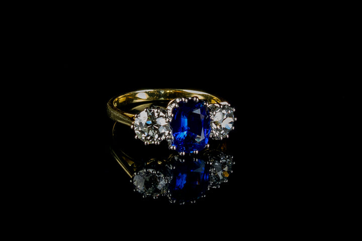 18ct Gold and Platinum Sapphire and Old Cut Diamond Three Stone Ring
