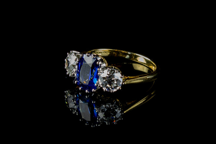 18ct Gold and Platinum Sapphire and Old Cut Diamond Three Stone Ring