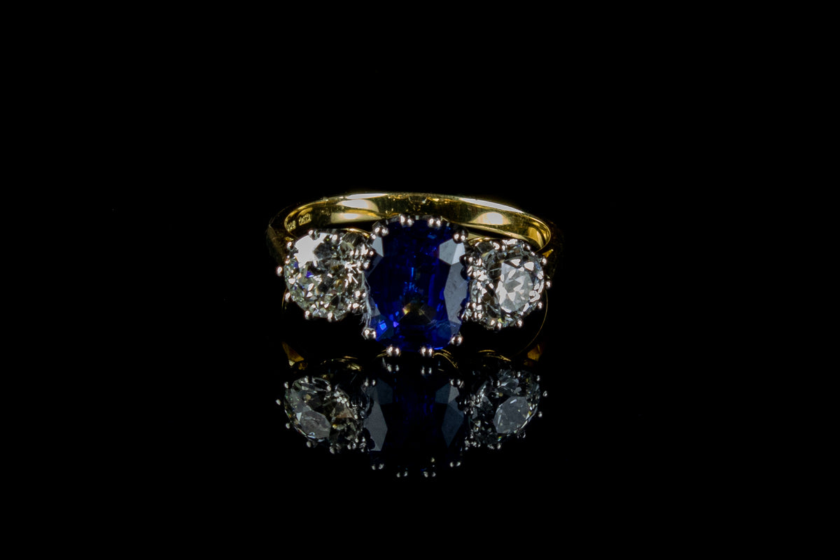 18ct Gold and Platinum Sapphire and Old Cut Diamond Three Stone Ring