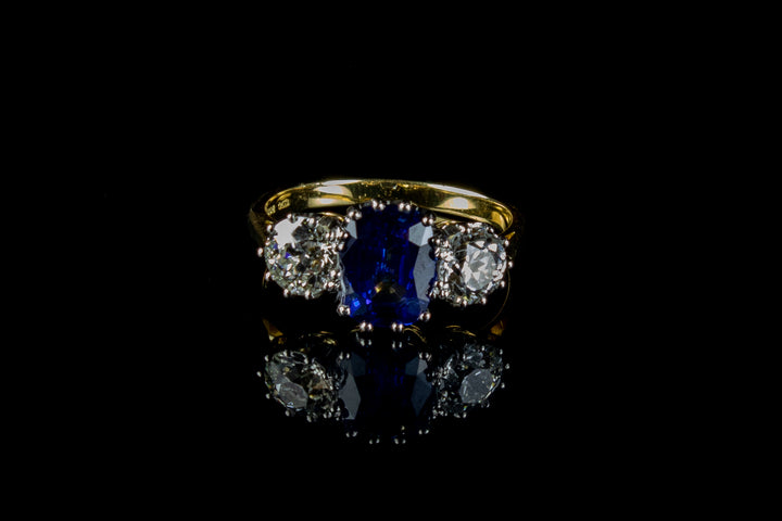 18ct Gold and Platinum Sapphire and Old Cut Diamond Three Stone Ring