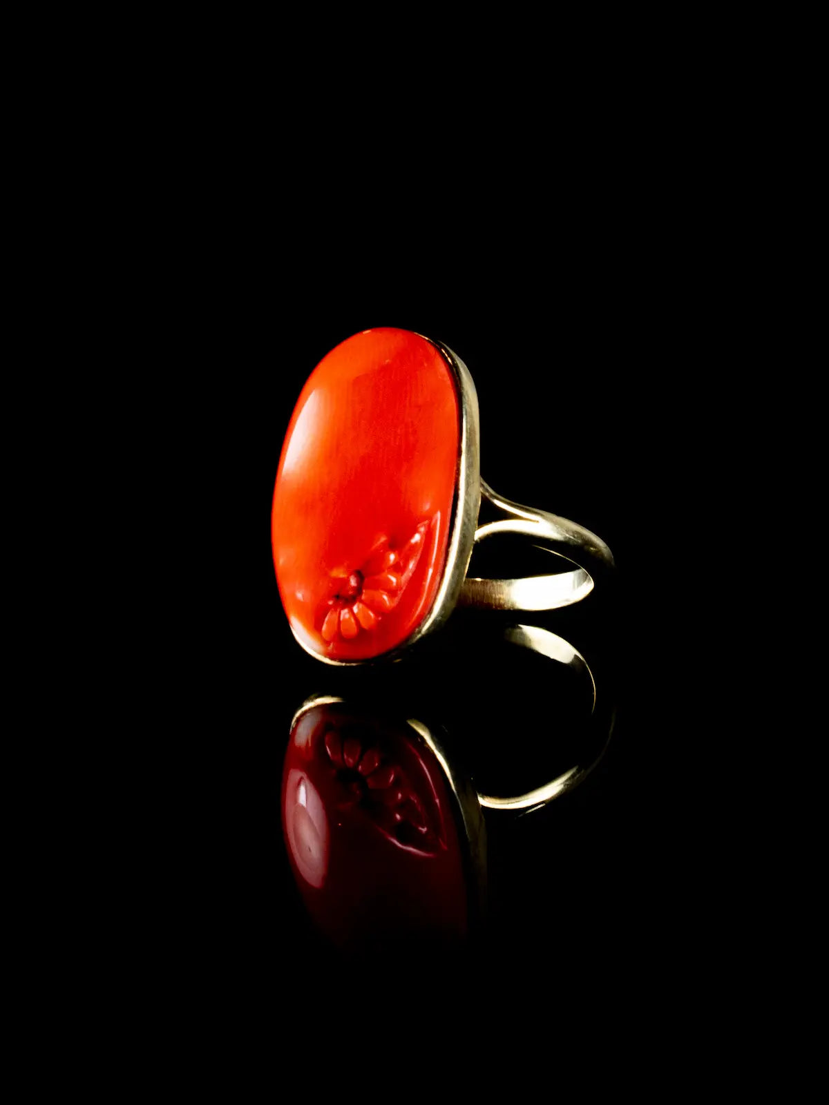 Antique Edwardian 9ct Gold Coral Cabochon Ring With Floral Carving, Circa 1905