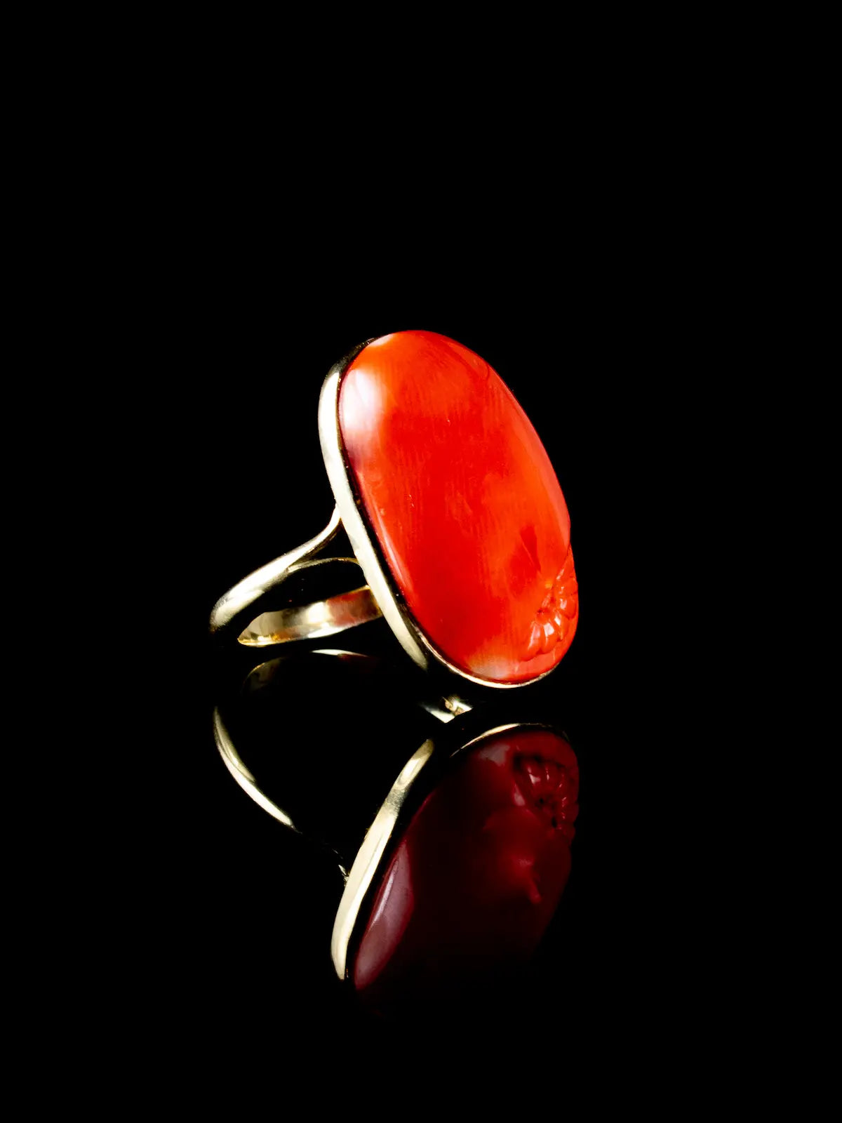 Antique Edwardian 9ct Gold Coral Cabochon Ring With Floral Carving, Circa 1905