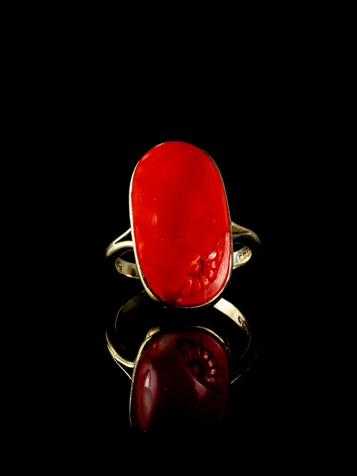 Antique Edwardian 9ct Gold Coral Cabochon Ring With Floral Carving, Circa 1905