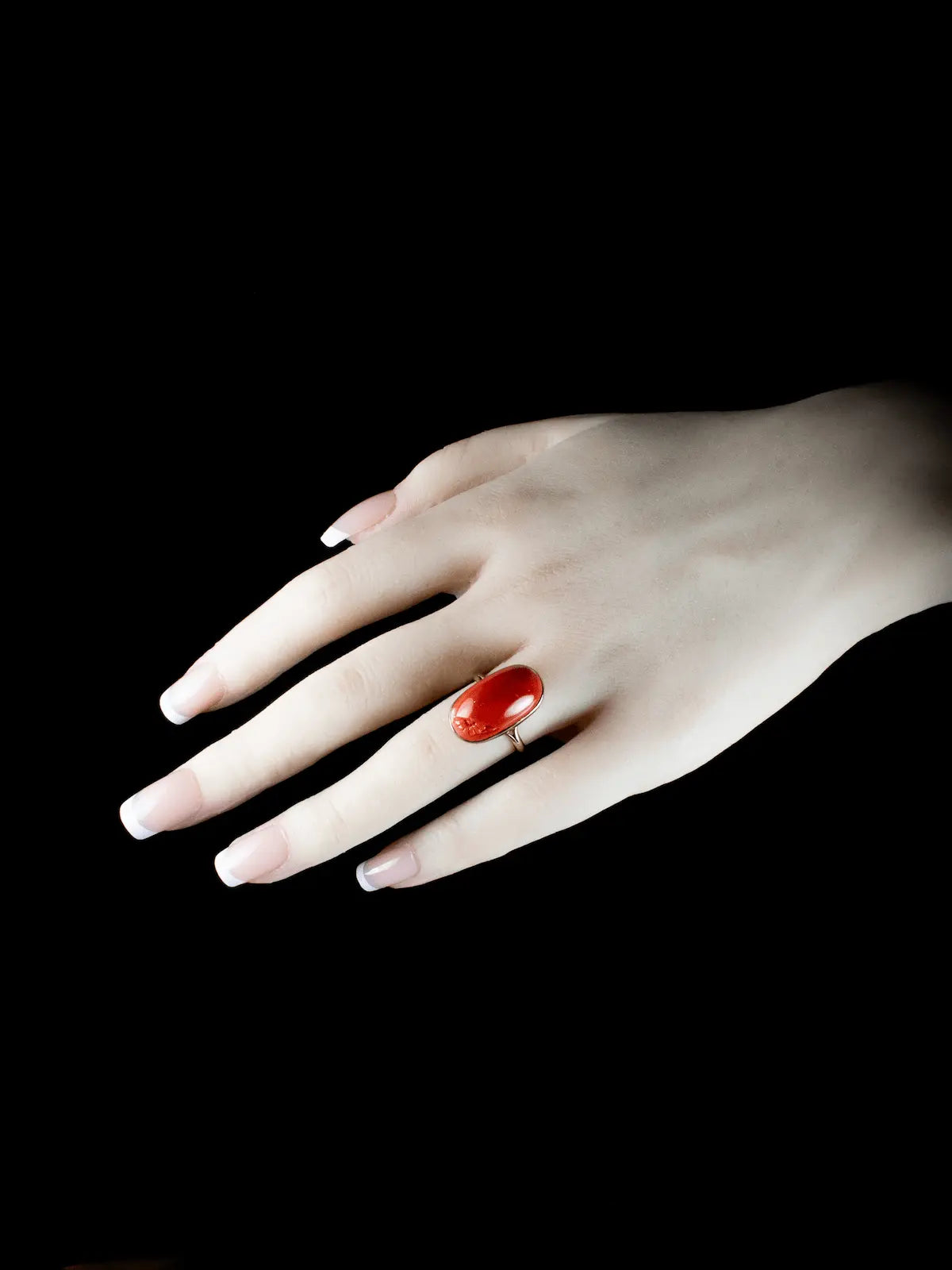 Antique Edwardian 9ct Gold Coral Cabochon Ring With Floral Carving, Circa 1905