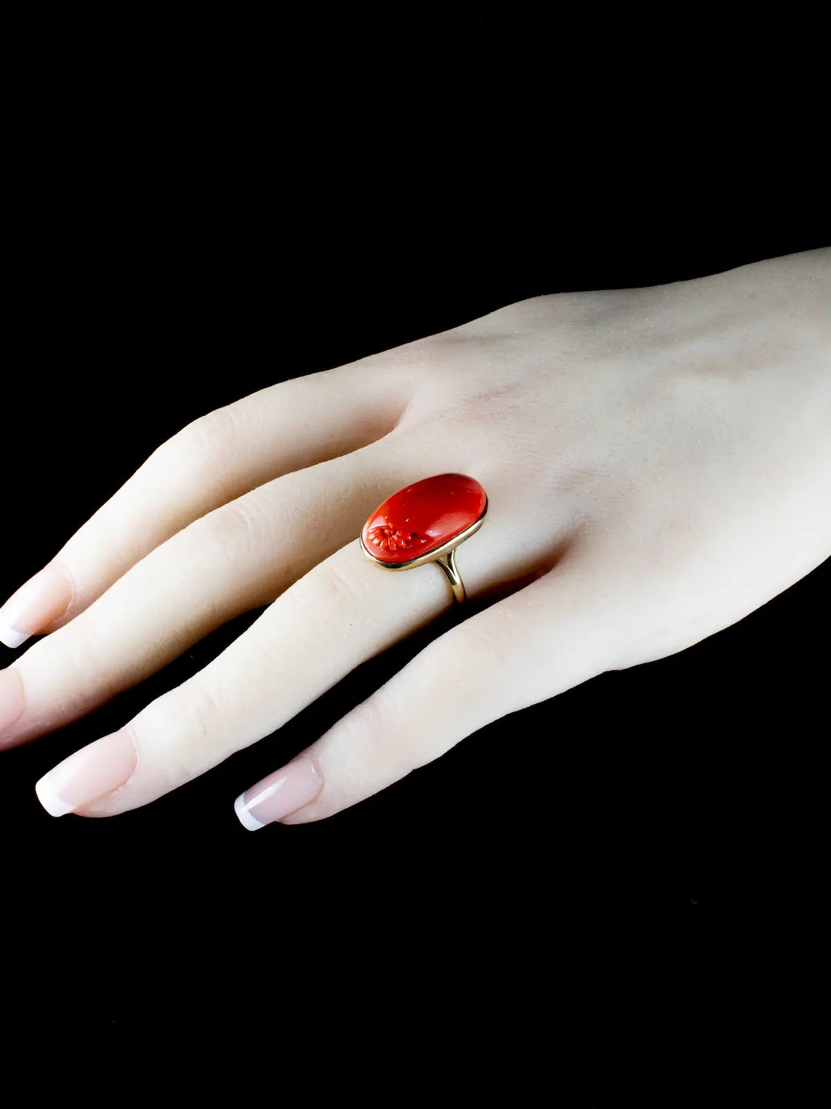 Antique Edwardian 9ct Gold Coral Cabochon Ring With Floral Carving, Circa 1905