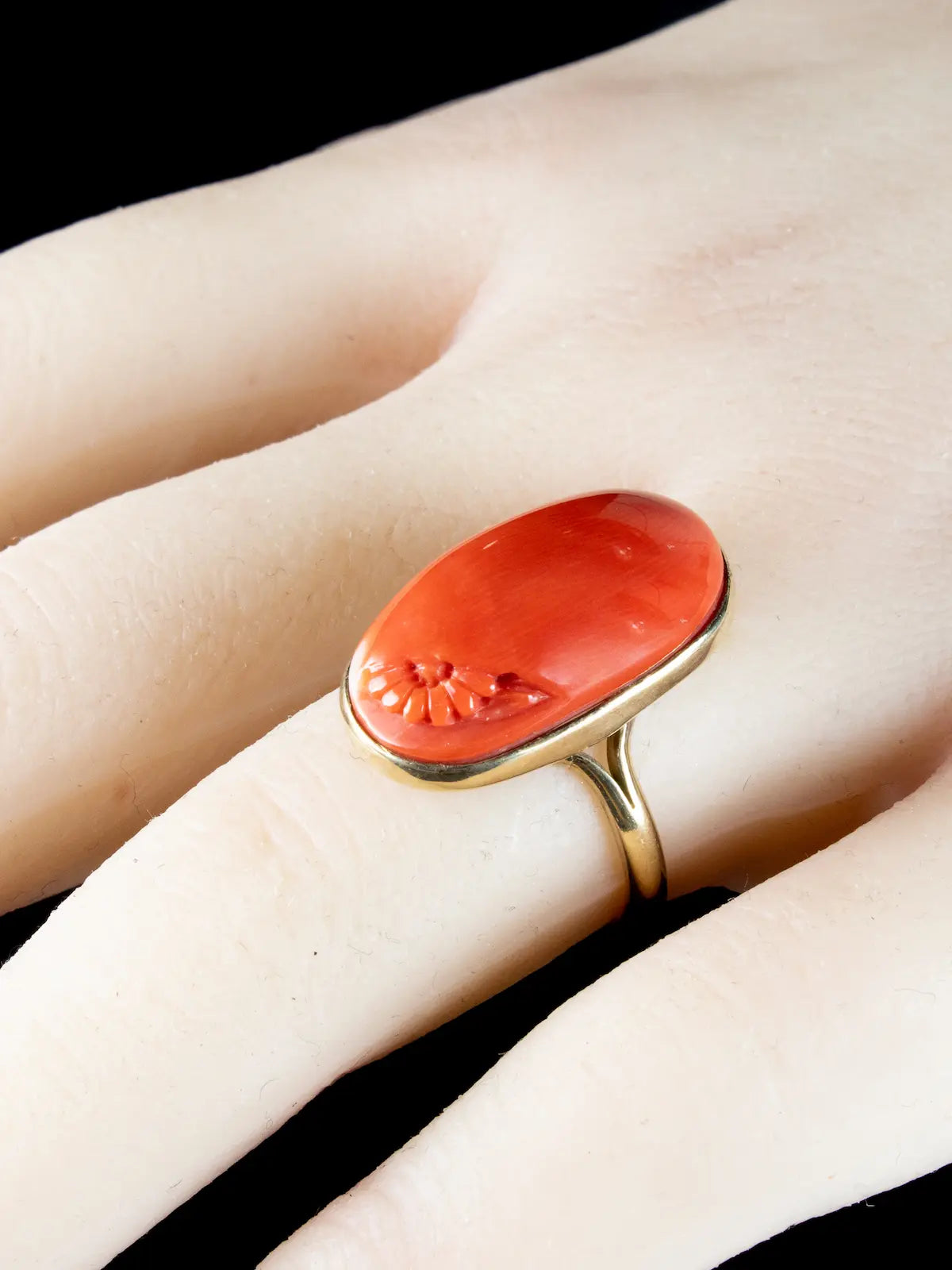 Antique Edwardian 9ct Gold Coral Cabochon Ring With Floral Carving, Circa 1905